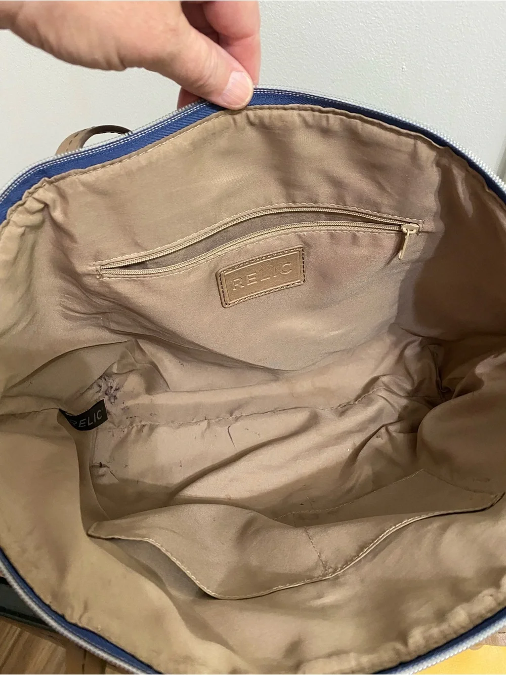 Relic Blue Printed Tote Bag with Tan Straps